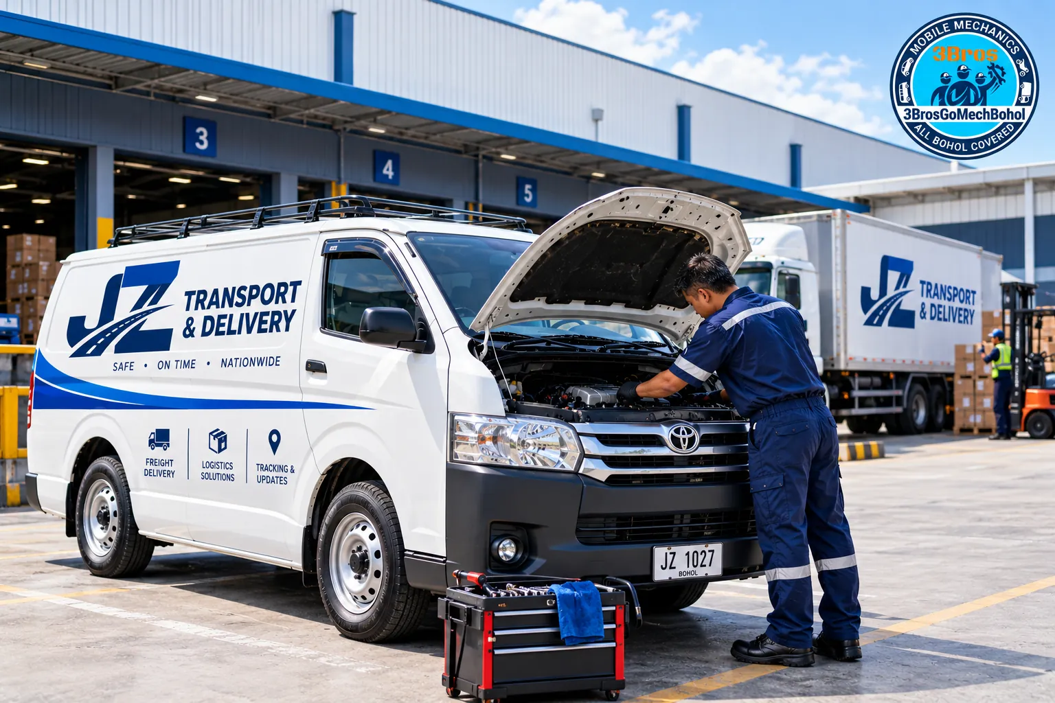 Mobile mechanic servicing a delivery van at a loading dock