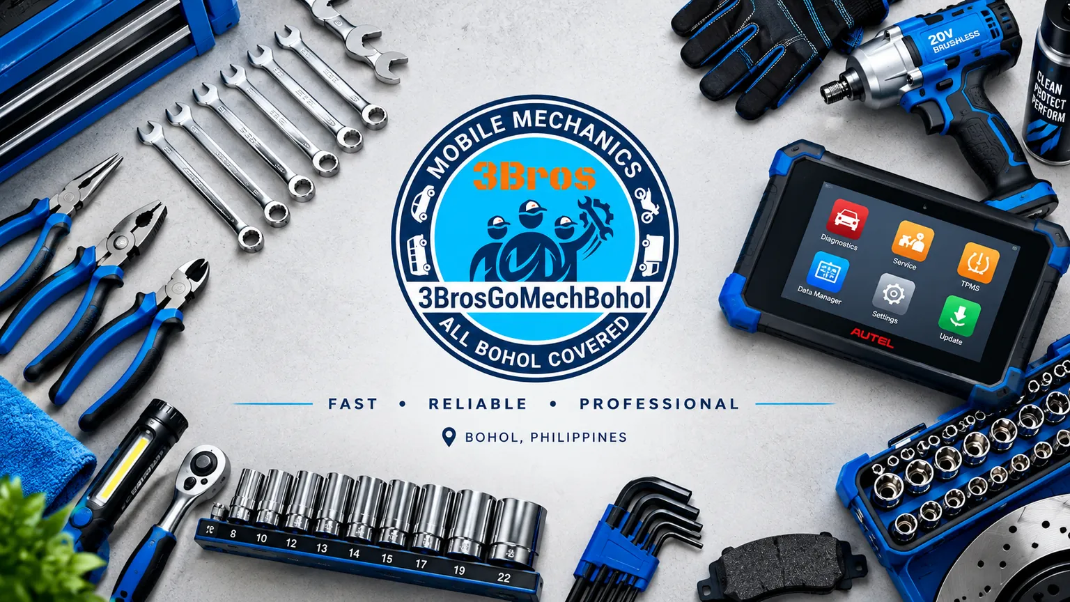 Mobile mechanic toolkit with wrenches, sockets, pliers, an impact driver and a diagnostic tablet around the 3BrosGoMechBohol logo