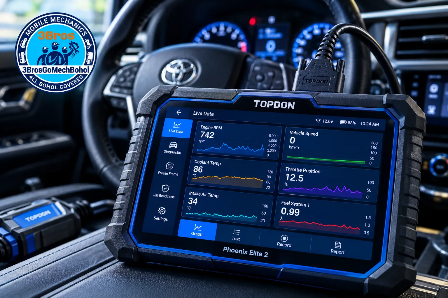 OBD2 diagnostic tablet showing live engine data
