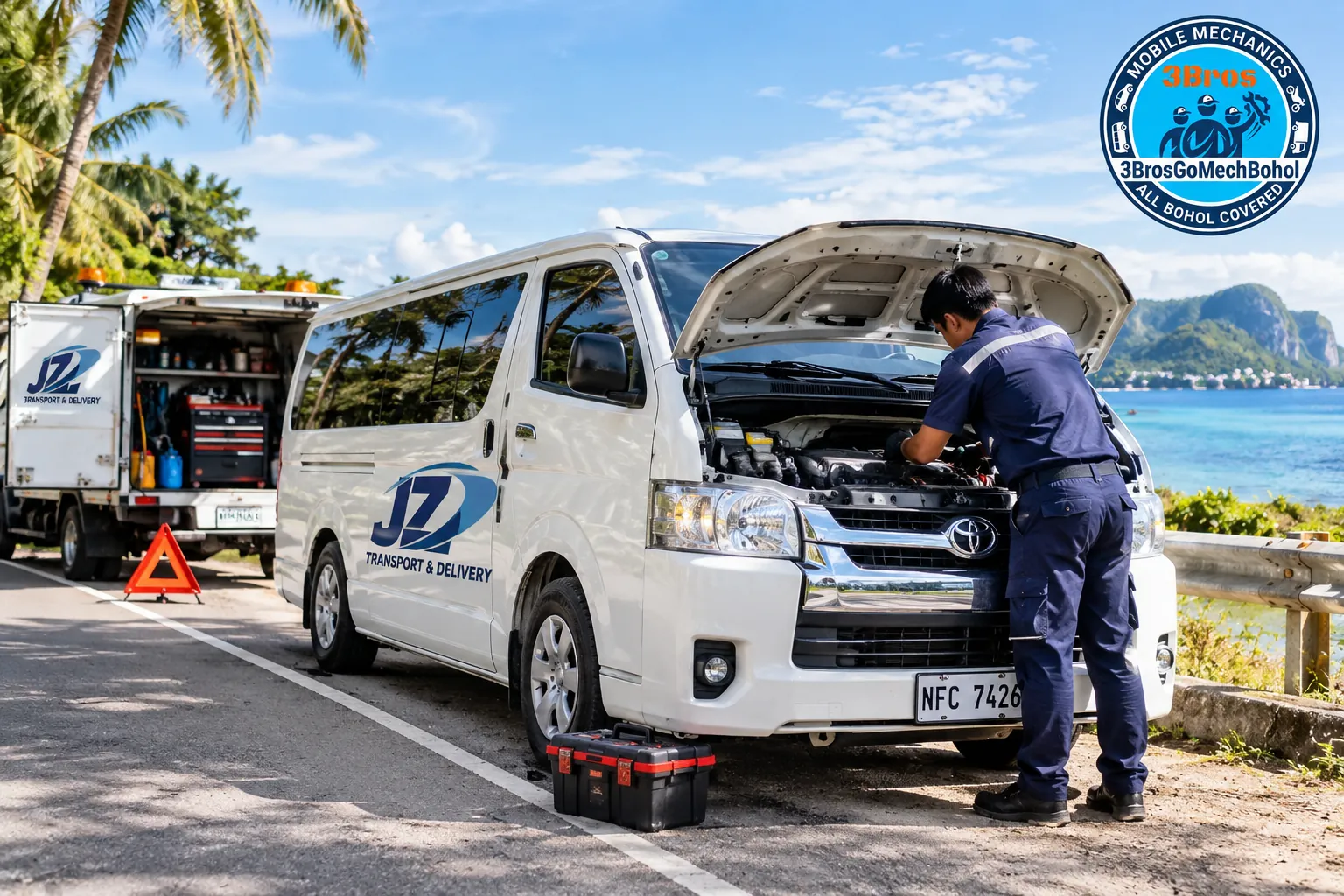 Mobile mechanic repairing a van on a coastal road in Bohol